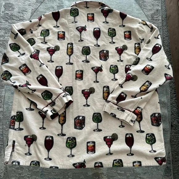 SALVAGE CHEERS PAJAMA TOP ONLY Flannel WINE COCKTAILS  size L - Picture 2 of 4